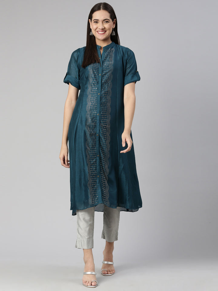 Neerus Peacock Anarkali Straight Crepe Kurtas