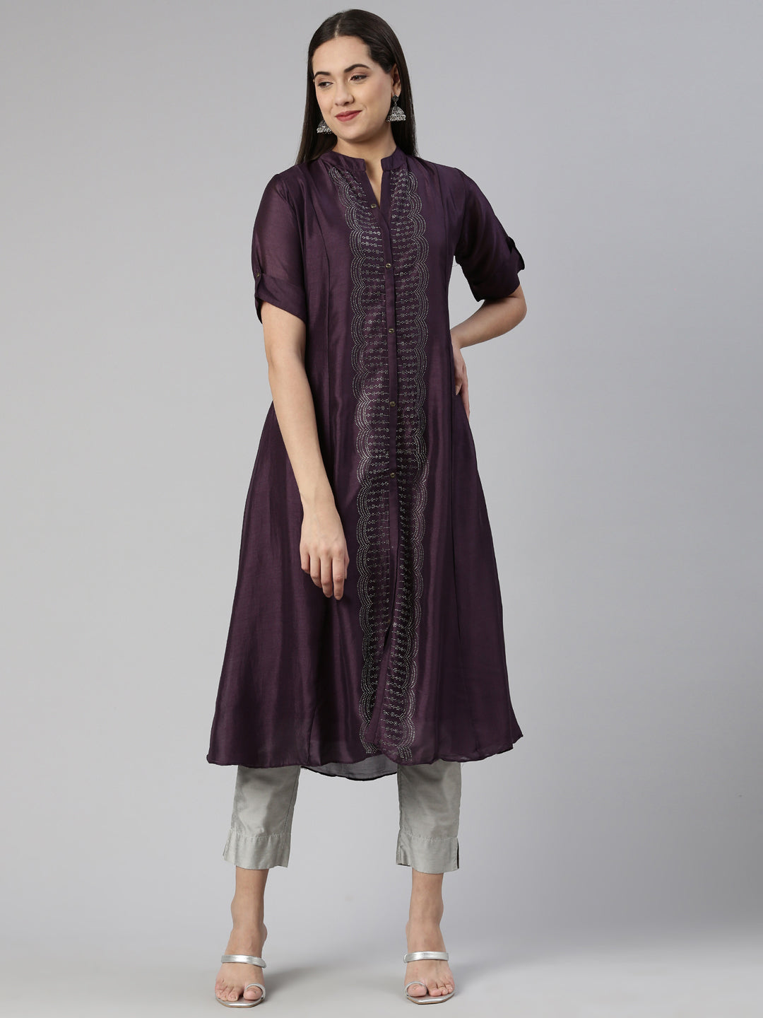 Neerus Purple crepe Anarkali kurti - front view