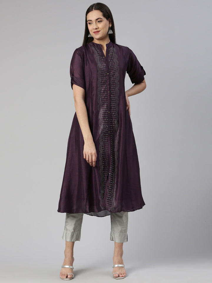 Neerus Purple crepe Anarkali kurti - front view