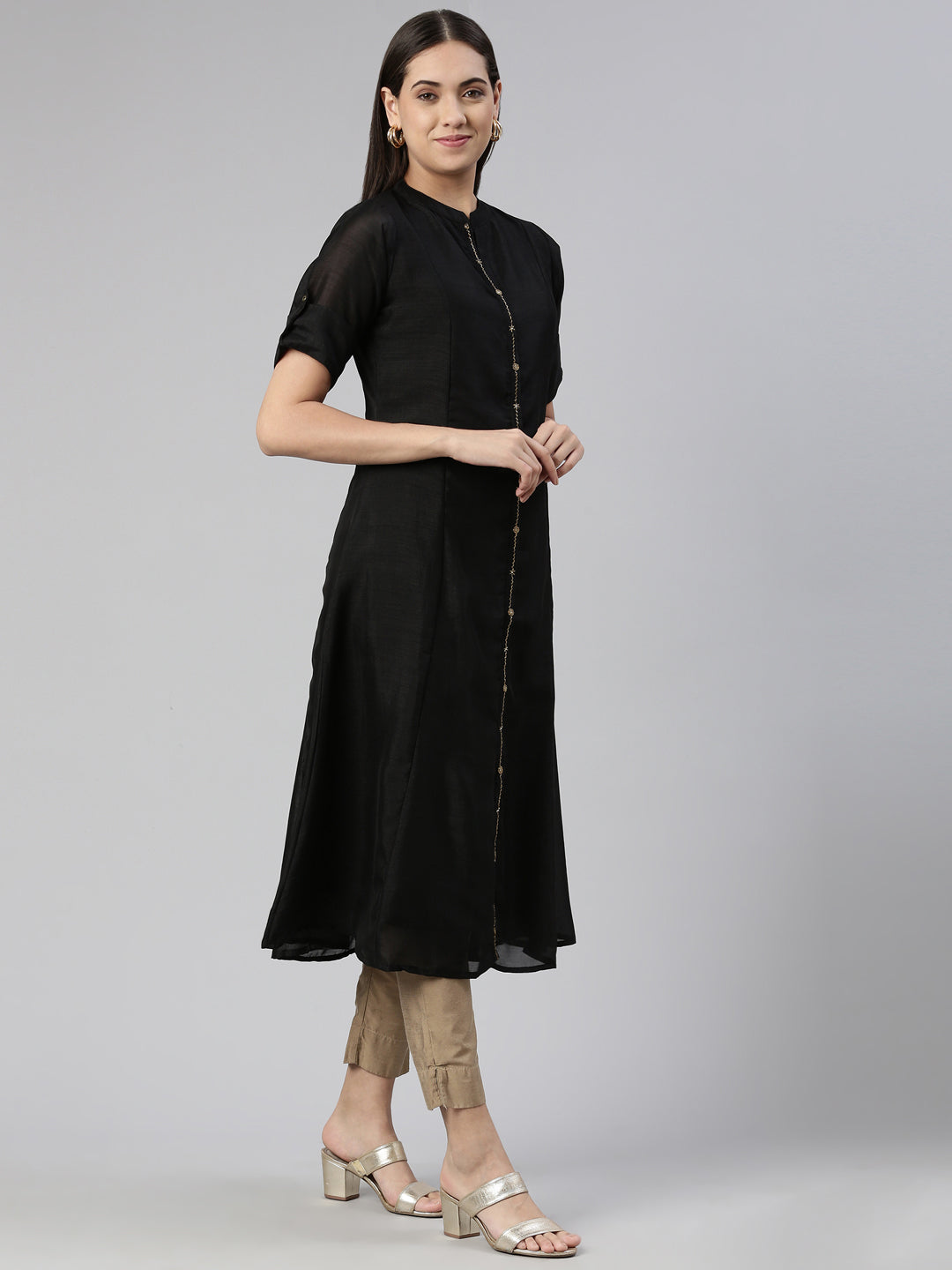 Neerus Black Anarkali Straight Crepe Kurtas