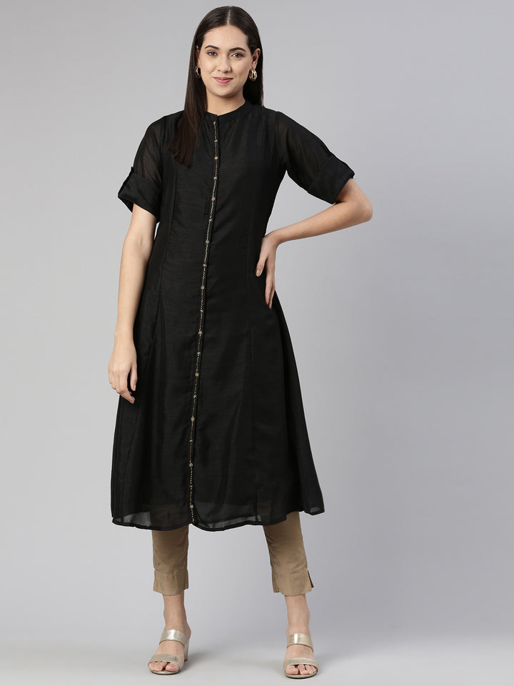 Neerus Black Anarkali Straight Crepe Kurtas