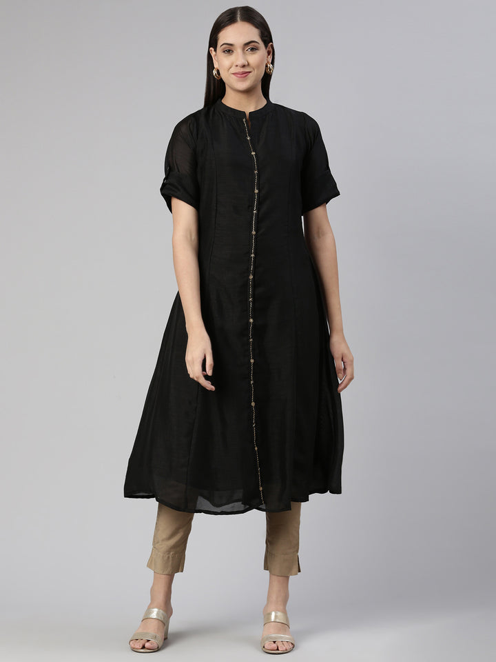 Neerus Black Anarkali Straight Crepe Kurtas