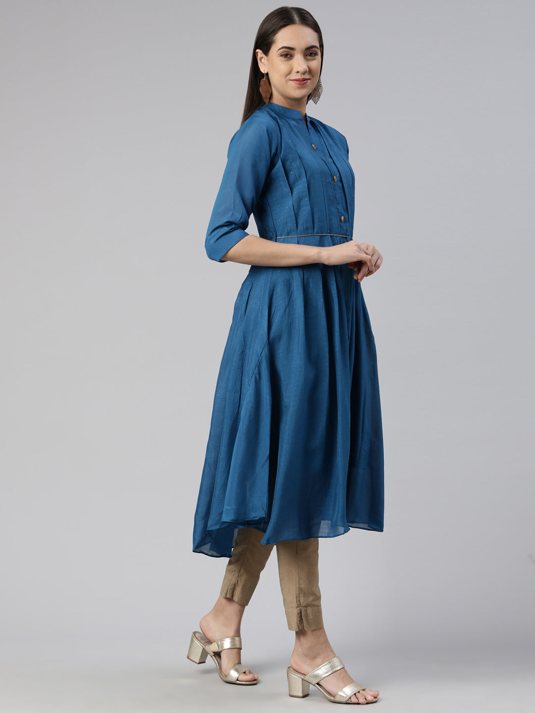 Neerus Peacock Anarkali Curved Blended Kurtas