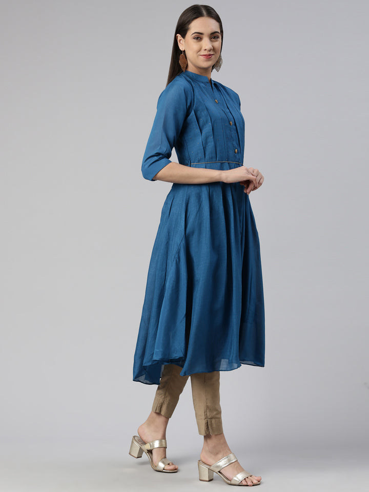 Neerus Peacock Anarkali Curved Blended Kurtas