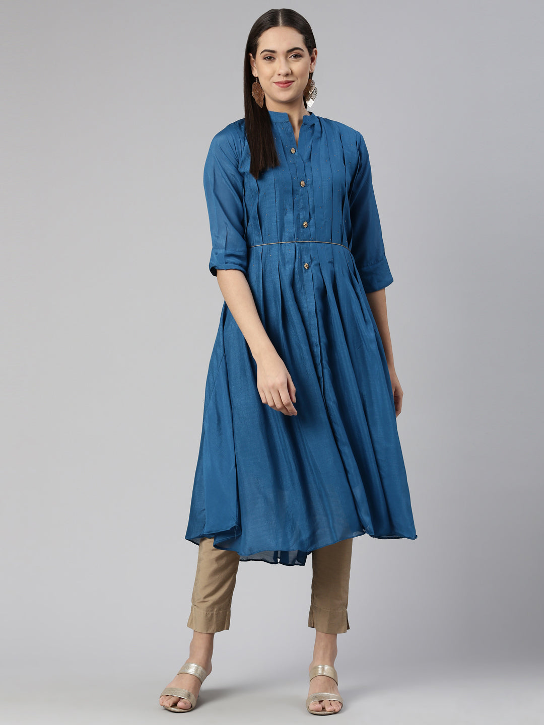 Neerus Peacock Anarkali Curved Blended Kurtas