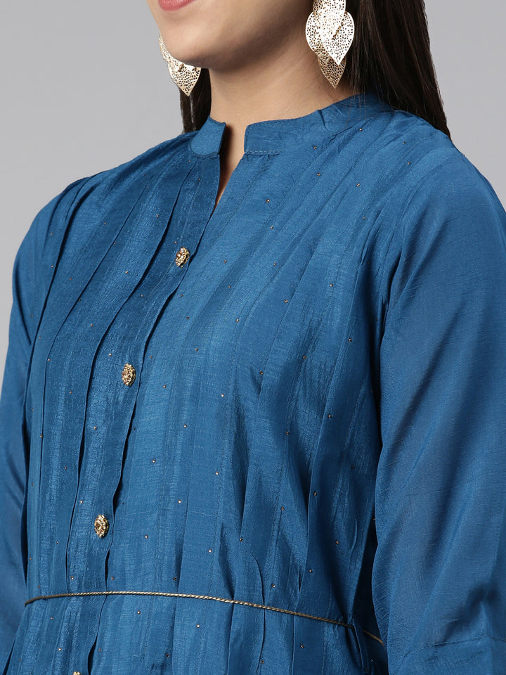 Neerus Peacock Anarkali Curved Blended Kurtas