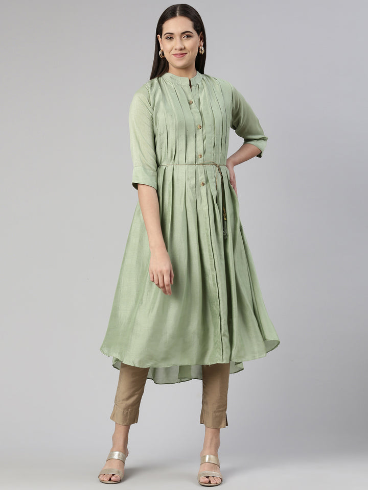 Neerus Pista Anarkali Curved Blended Kurtas