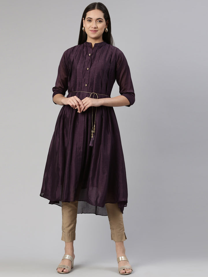 Neerus Purple Anarkali Curved Blended Kurtas