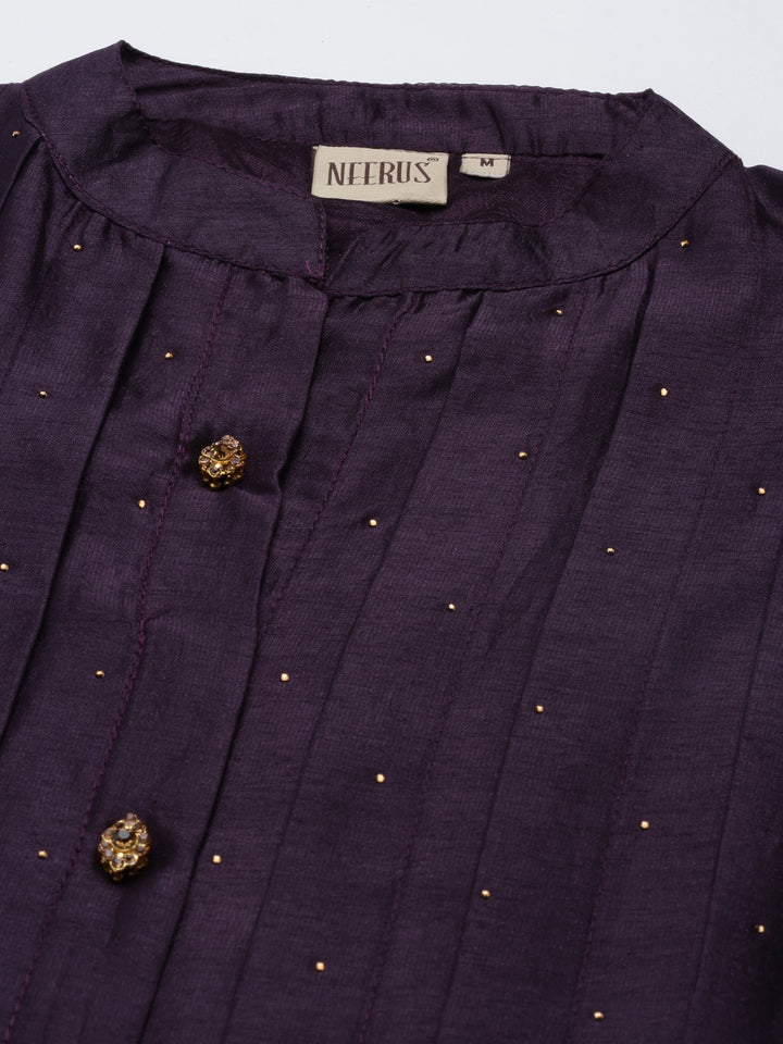 Neerus Purple Anarkali Curved Blended Kurtas