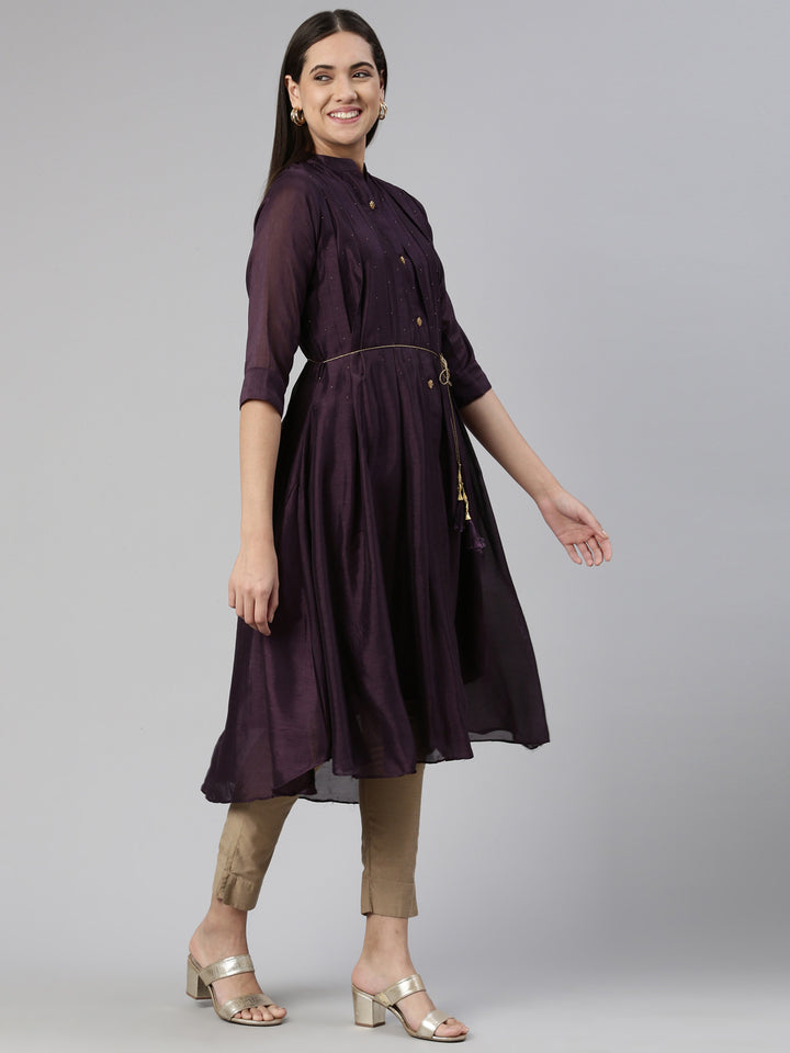 Neerus Purple Anarkali Curved Blended Kurtas