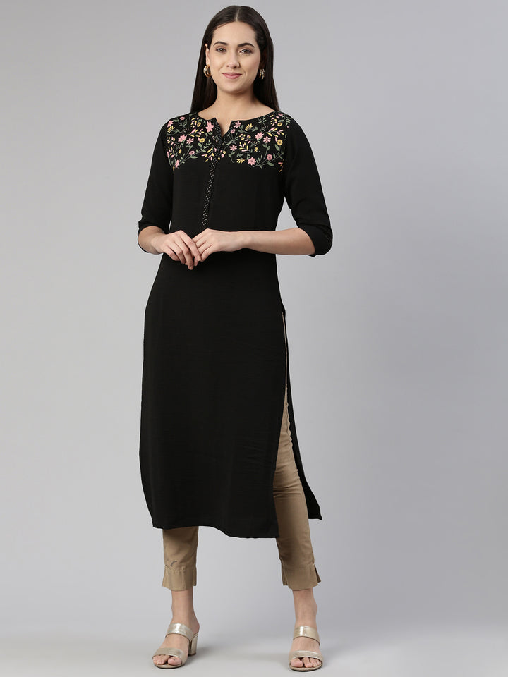 Neerus Black Straight Straight Cotton Kurtas