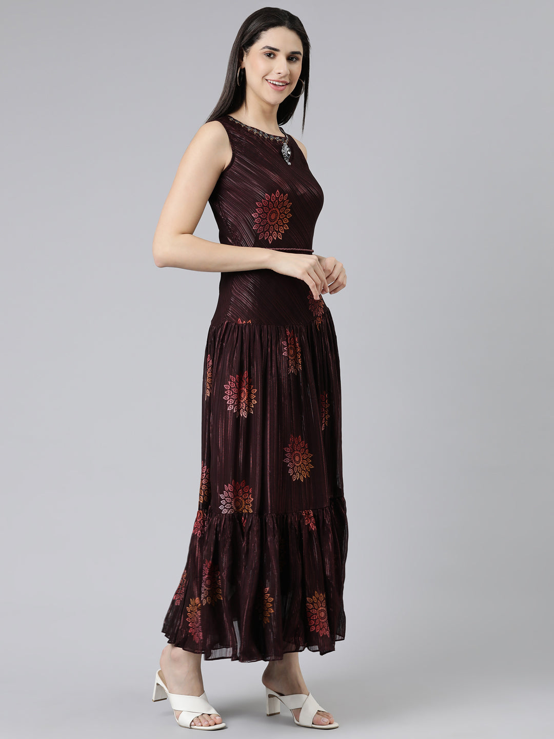 Neerus Maroon Straight Casual Printed Gown