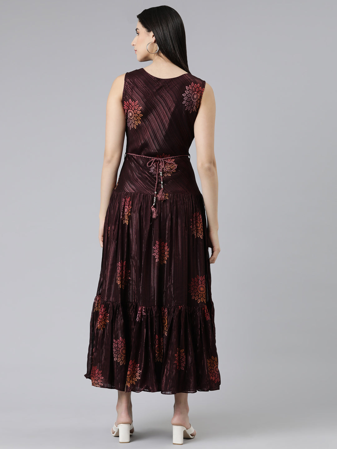 Neerus Maroon Straight Casual Printed Gown