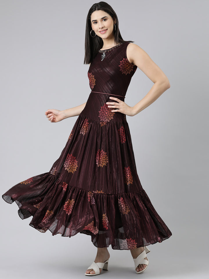 Neerus Maroon Straight Casual Printed Gown