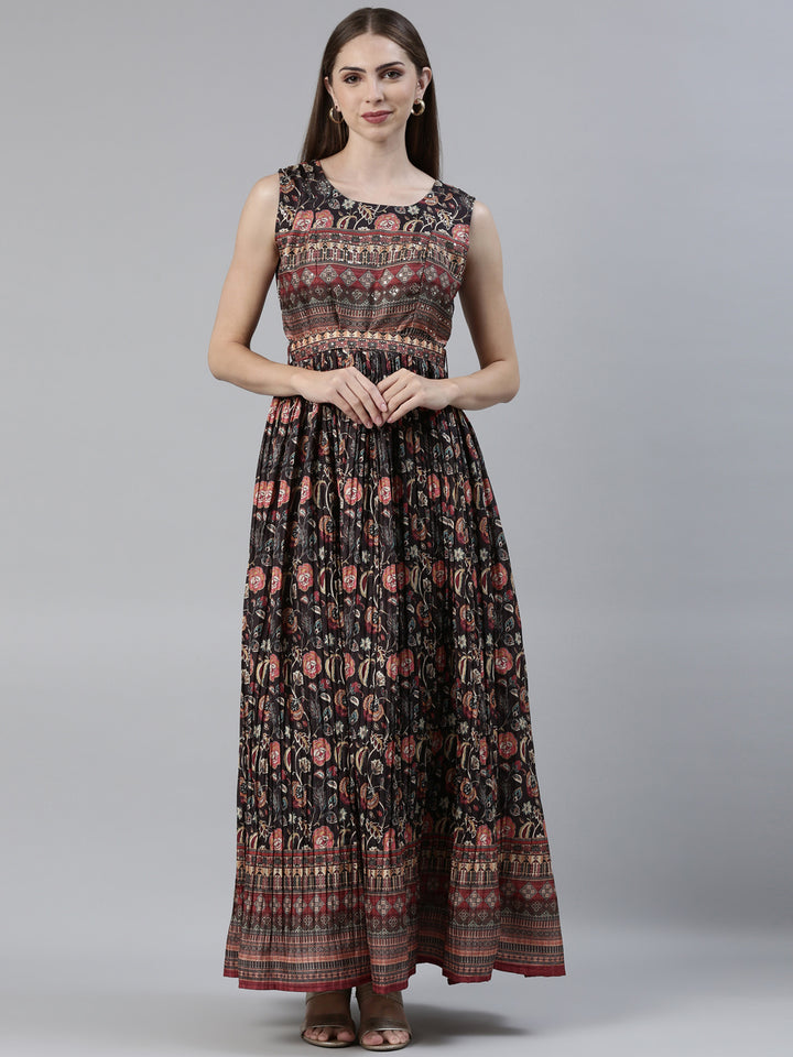Neerus Black raw silk printed flared maxi dress - front view