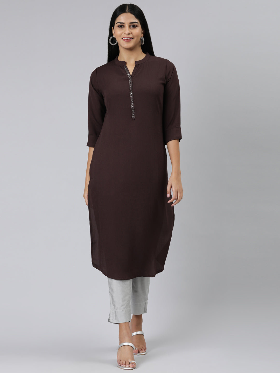 Neerus Purple Straight Solid Viscose Rayon Kurtas