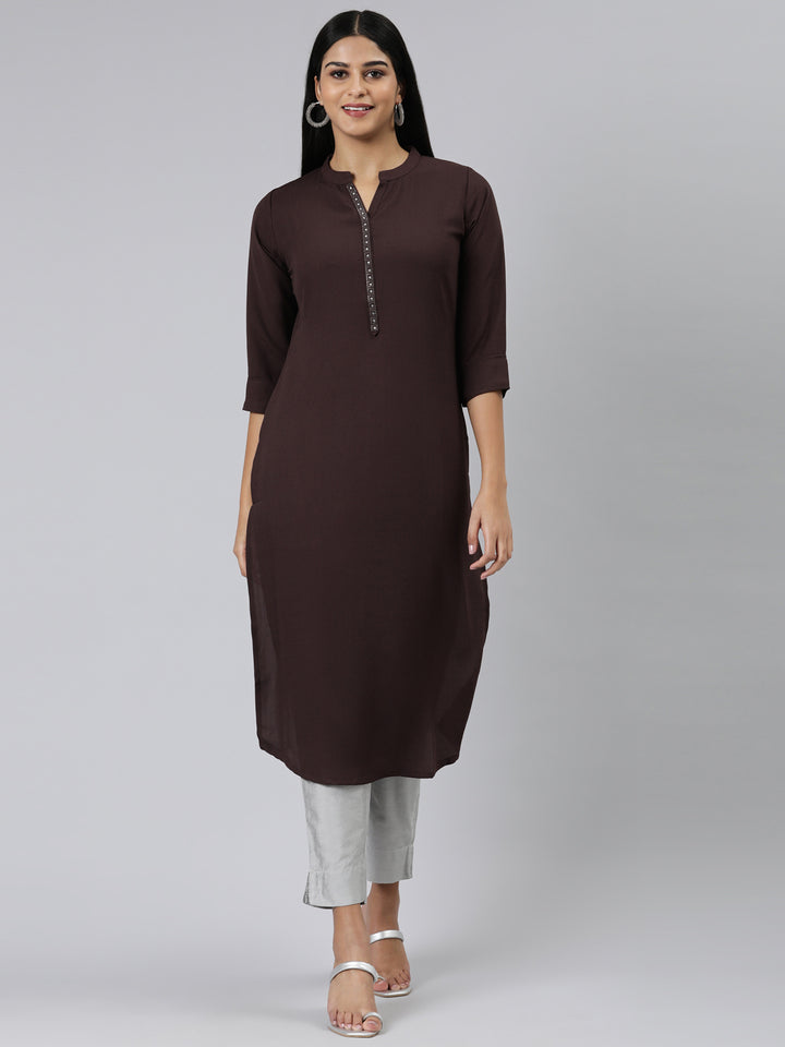 Neerus Purple Straight Solid Viscose Rayon Kurtas