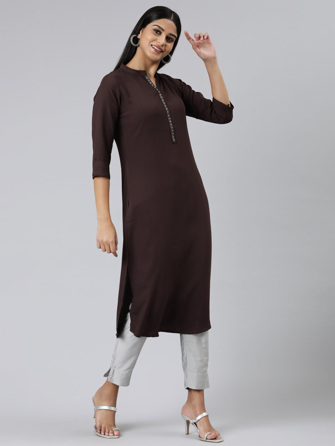 Neerus Purple Straight Solid Viscose Rayon Kurtas