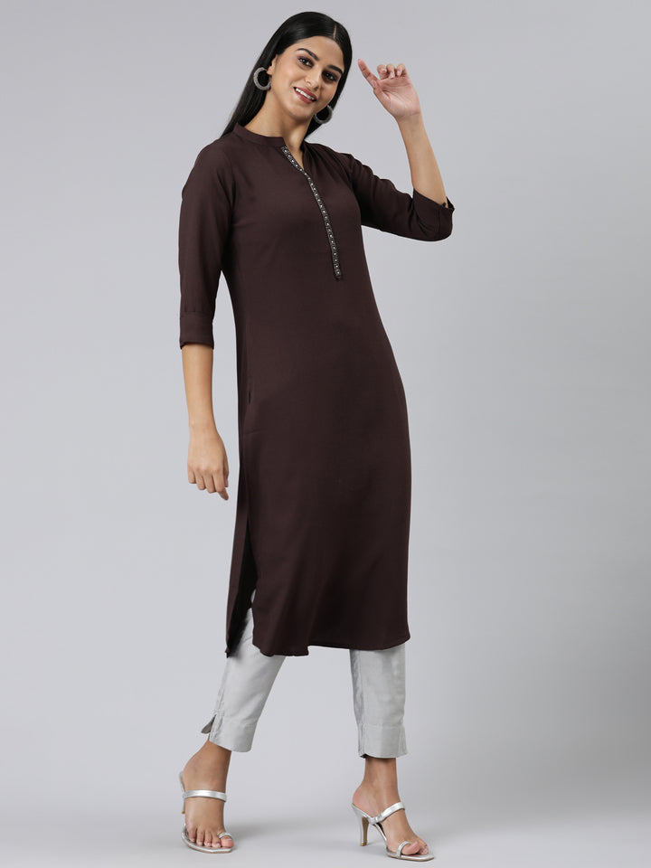 Neerus Purple Straight Solid Viscose Rayon Kurtas