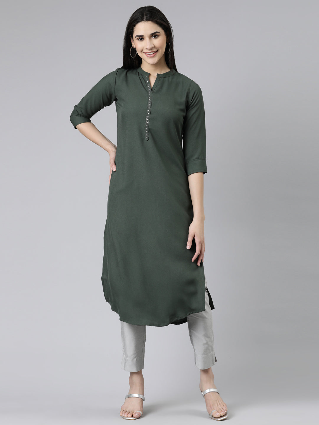 Neerus Green cotton embellished kurti mandarin collar - front view