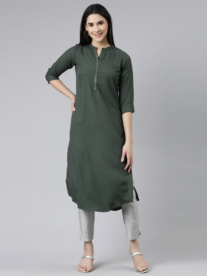 Neerus Green cotton embellished kurti mandarin collar - front view