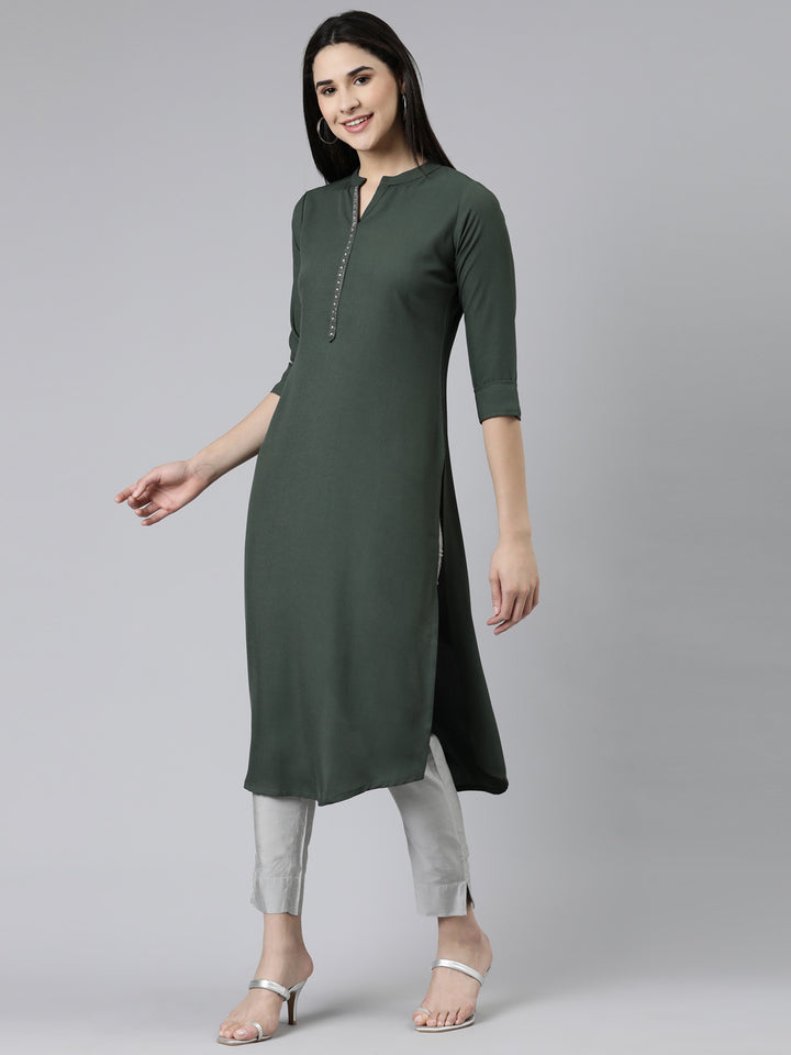Neerus Green cotton embellished kurti mandarin collar - back view