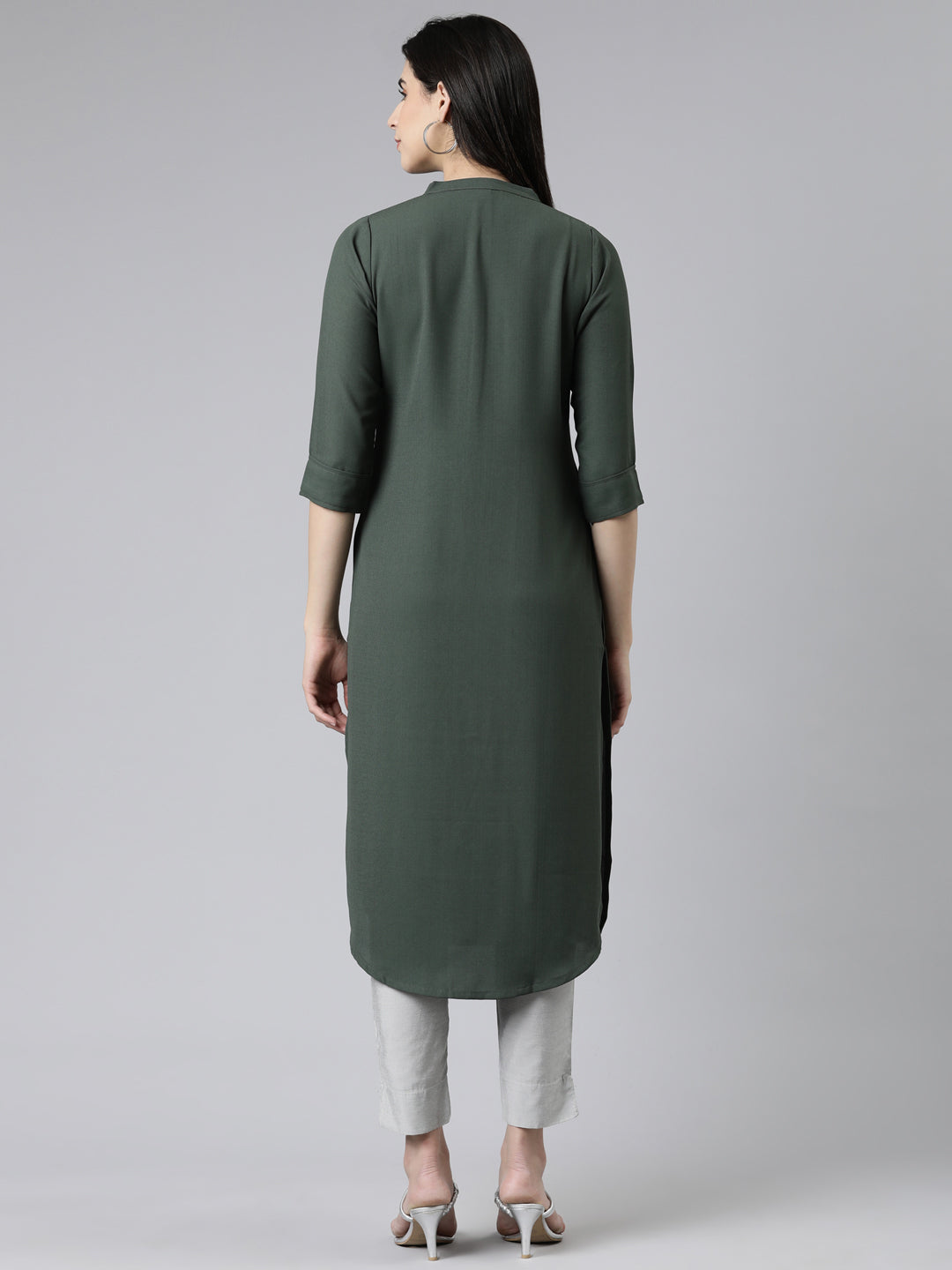 Neerus Green cotton embellished kurti mandarin collar - side view