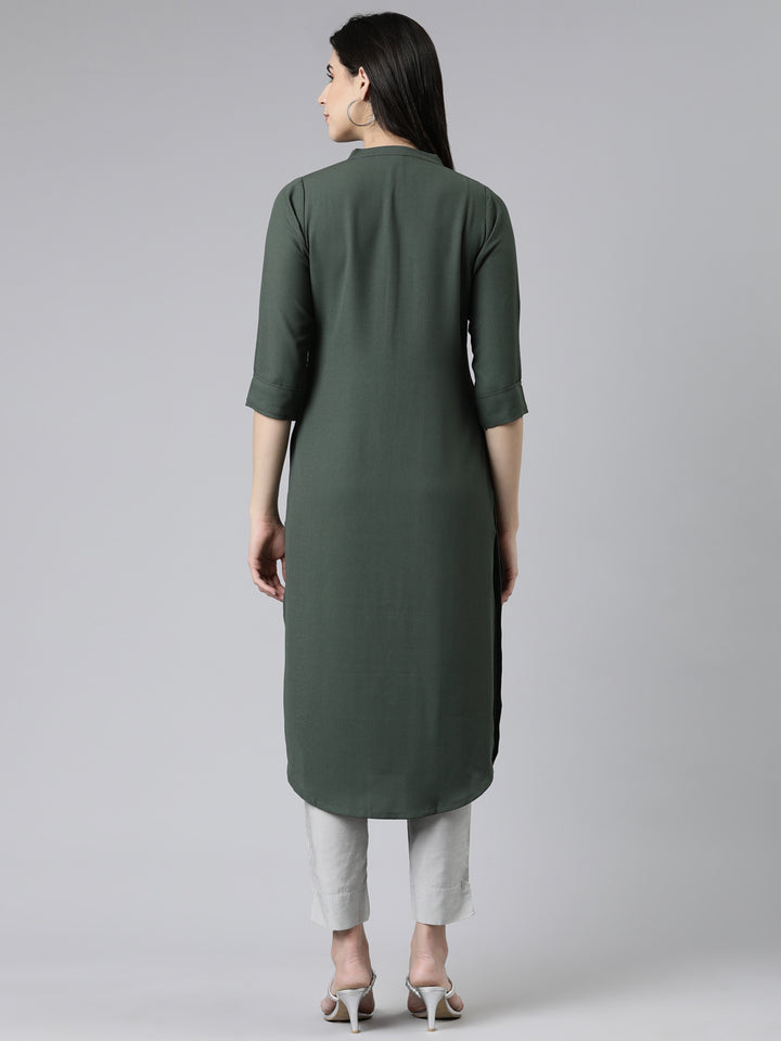 Neerus Green cotton embellished kurti mandarin collar - side view