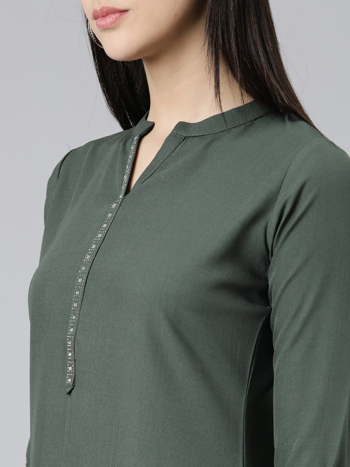 Neerus Green cotton embellished kurti mandarin collar - detail view 1
