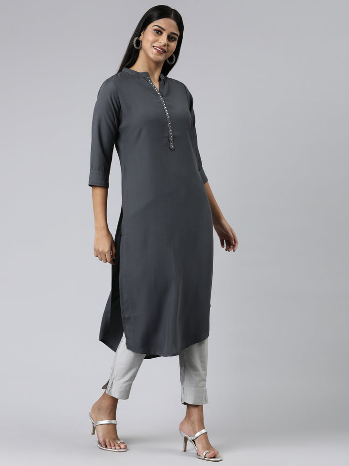 Neerus Grey Straight Solid Viscose Rayon Kurta