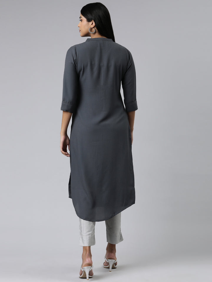 Neerus Grey Straight Solid Viscose Rayon Kurta