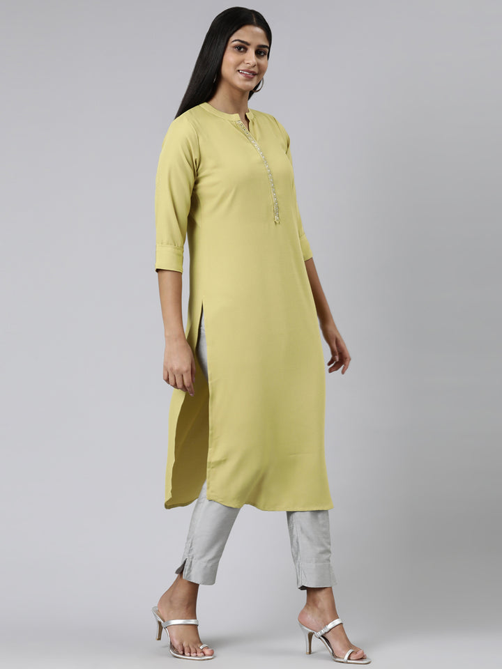 Neerus Green viscose rayon solid straight kurti - back view