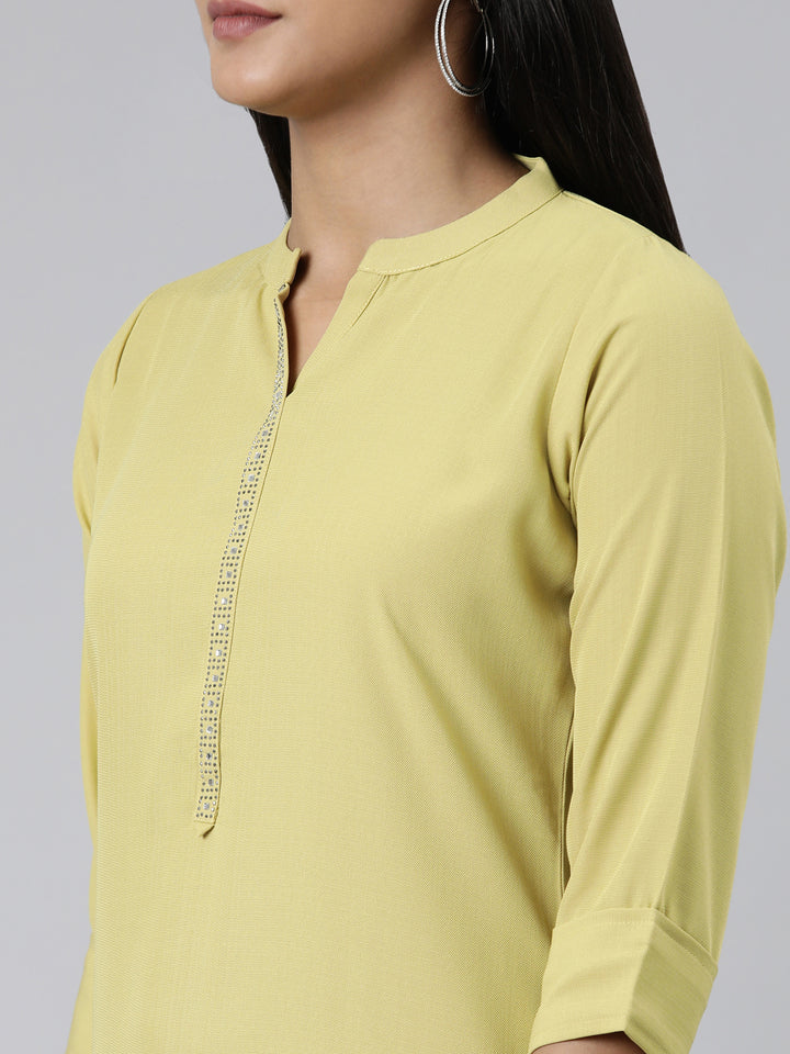 Neerus Green viscose rayon solid straight kurti - detail view 1