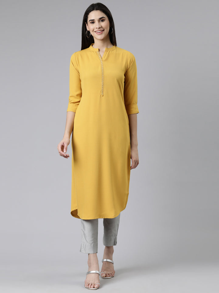 Neerus Yellow cotton embellished kurti mandarin collar - front view