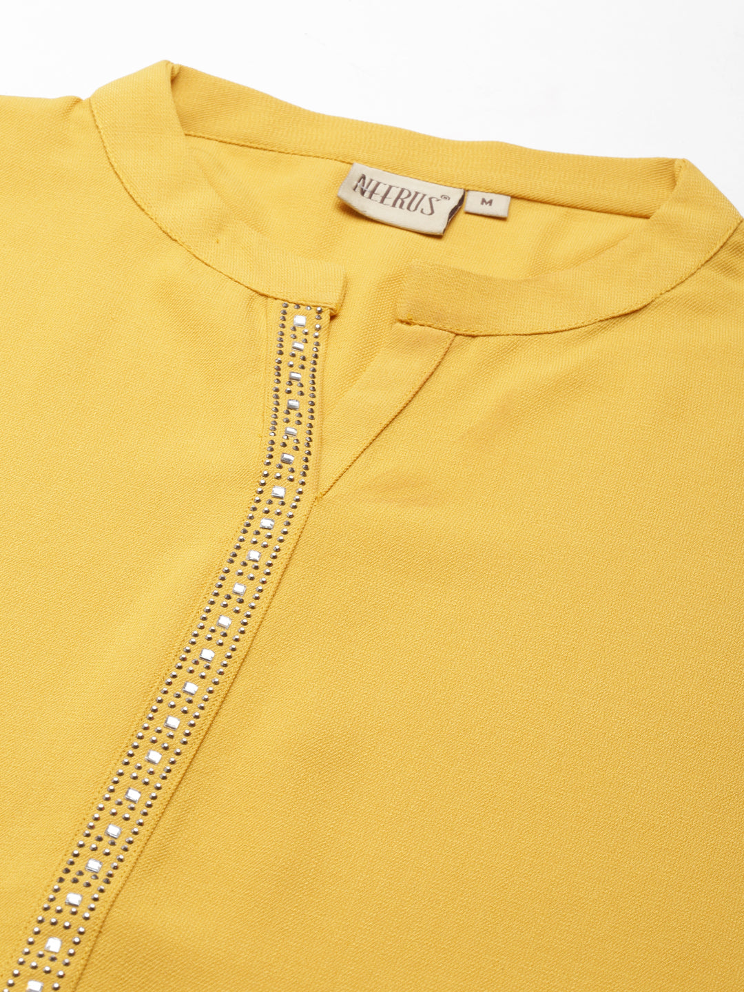 Neerus Yellow cotton embellished kurti mandarin collar - detail view 3