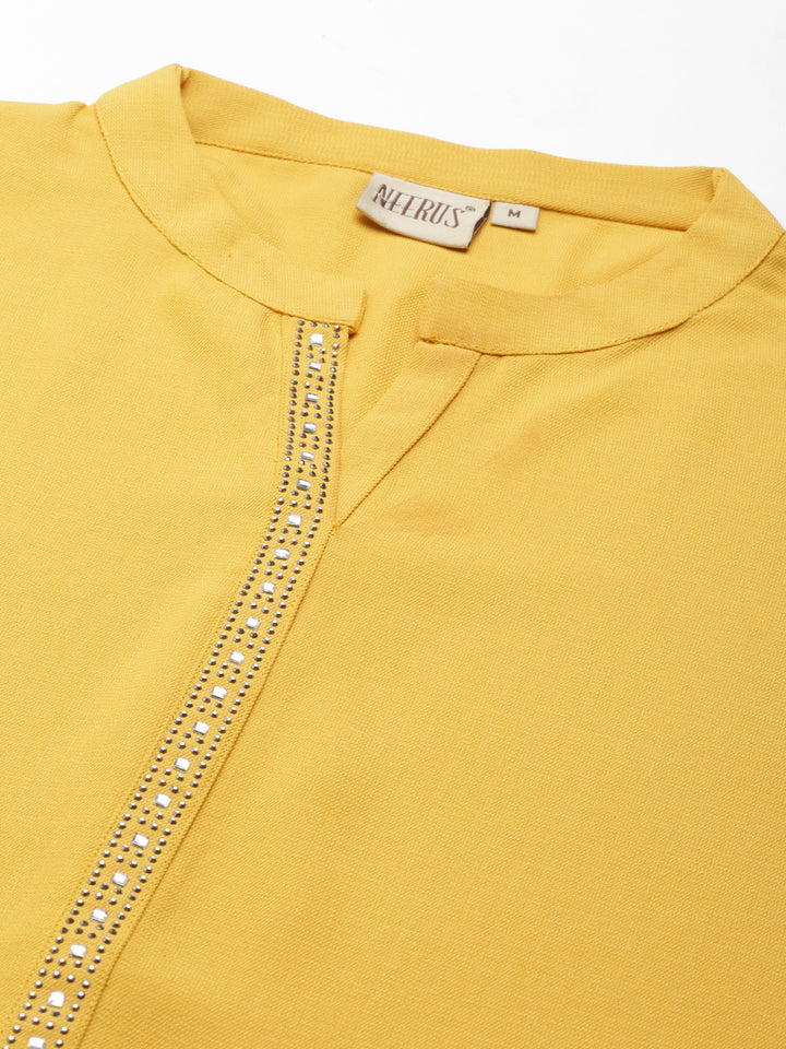 Neerus Yellow cotton embellished kurti mandarin collar - detail view 3