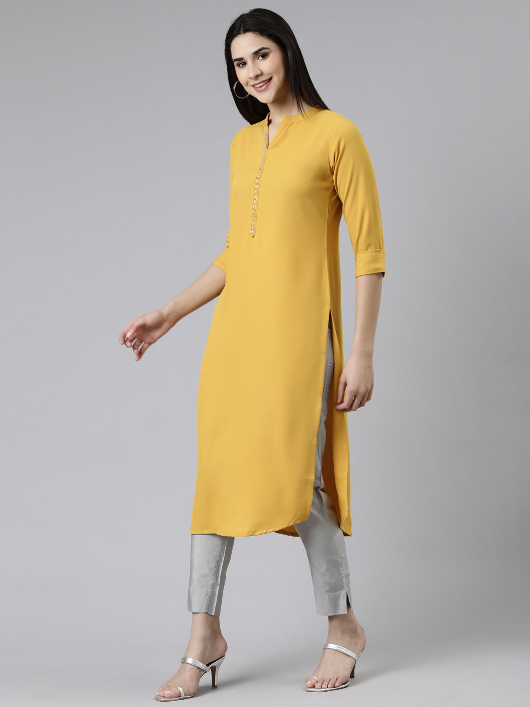 Neerus Yellow cotton embellished kurti mandarin collar - back view