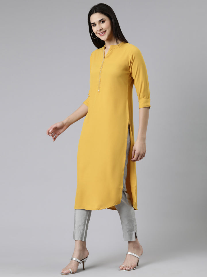 Neerus Yellow cotton embellished kurti mandarin collar - back view