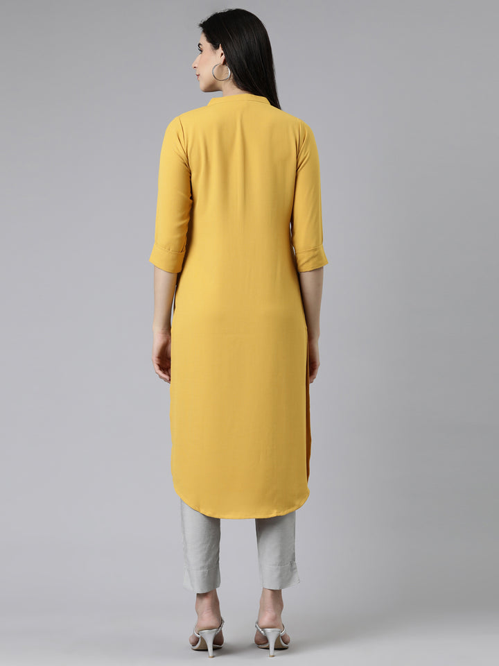 Neerus Yellow cotton embellished kurti mandarin collar - side view
