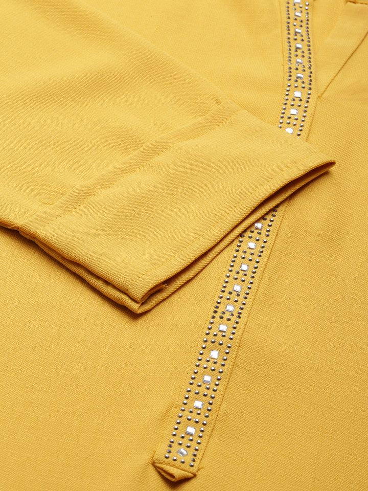 Neerus Yellow cotton embellished kurti mandarin collar - detail view 2