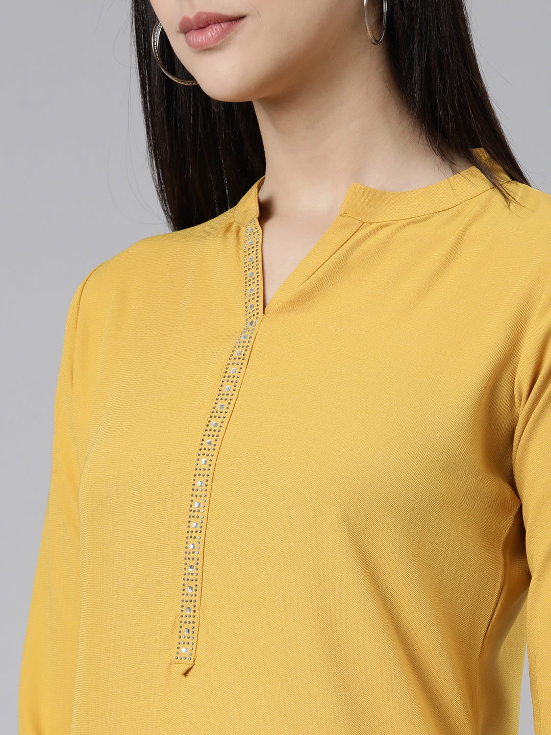 Neerus Yellow cotton embellished kurti mandarin collar - detail view 1