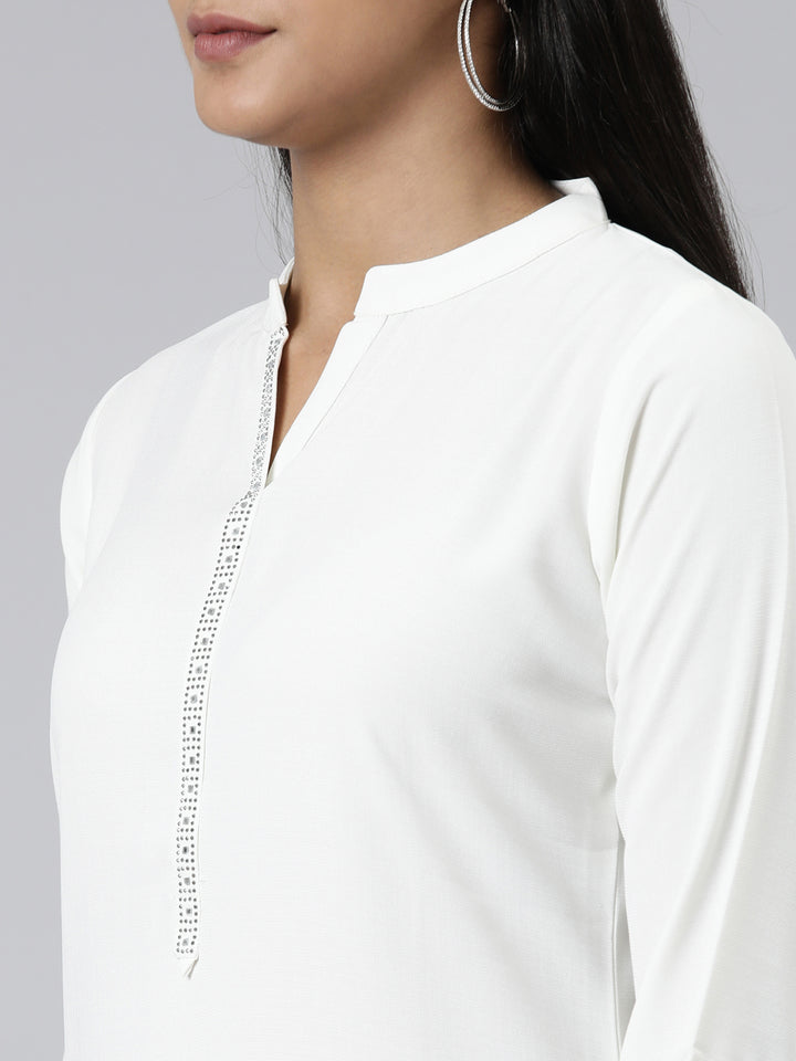 Neerus Off White Straight Solid Viscose Rayon Kurtas