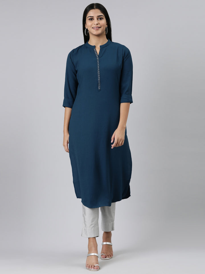 Neerus Green Straight Solid Viscose Rayon Kurtas