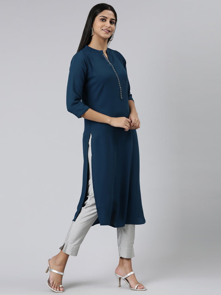 Neerus Green Straight Solid Viscose Rayon Kurtas