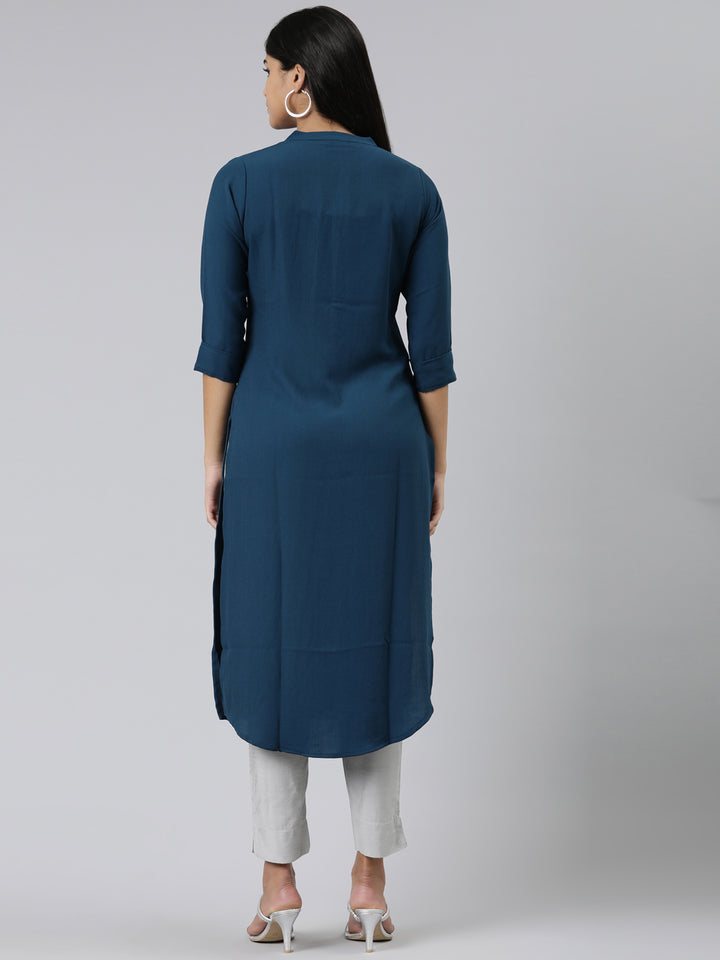 Neerus Green Straight Solid Viscose Rayon Kurtas