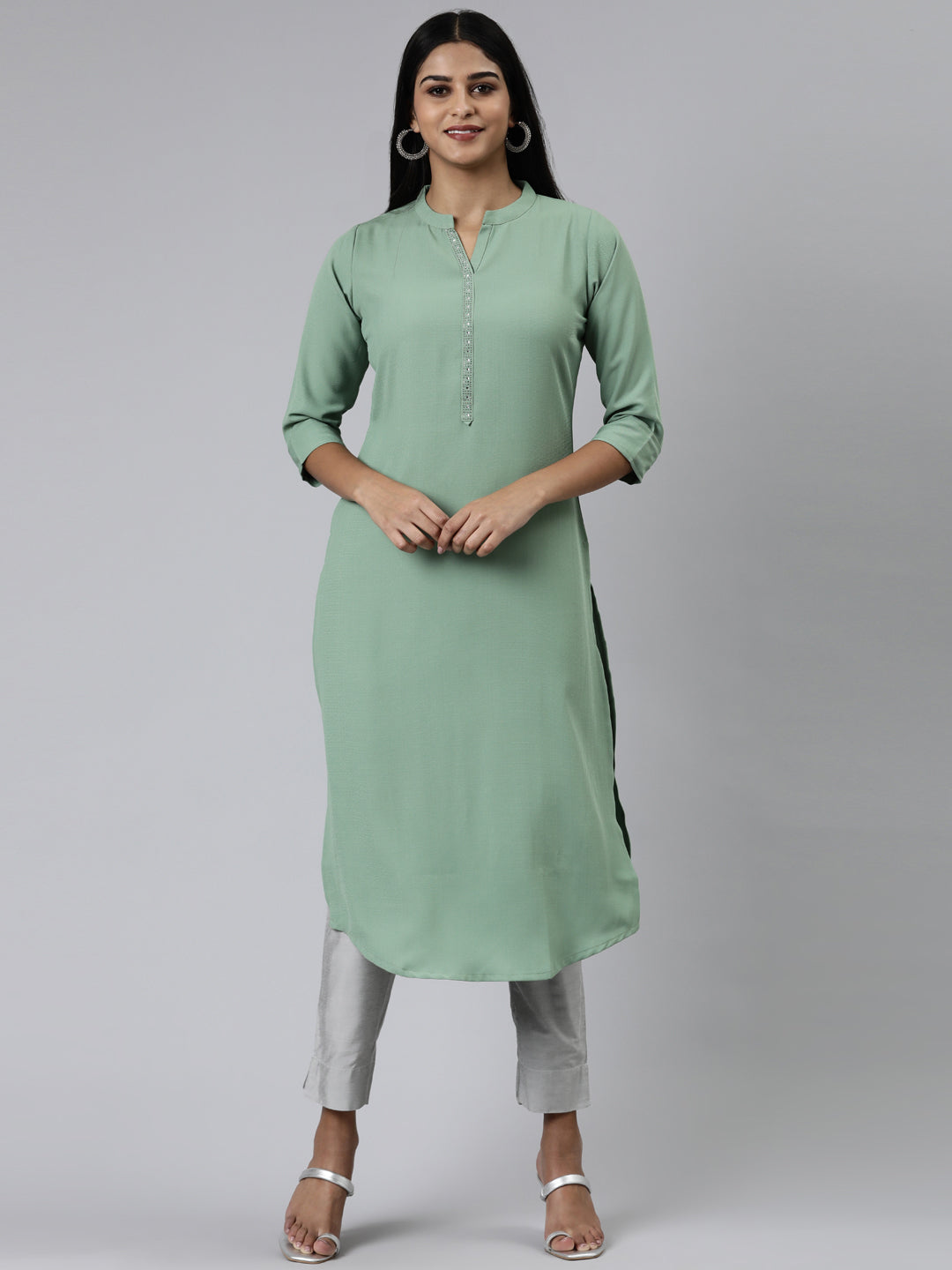 Neerus Green Straight Solid Viscose Rayon Kurtas