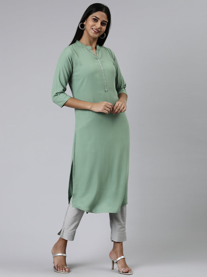Neerus Green Straight Solid Viscose Rayon Kurtas