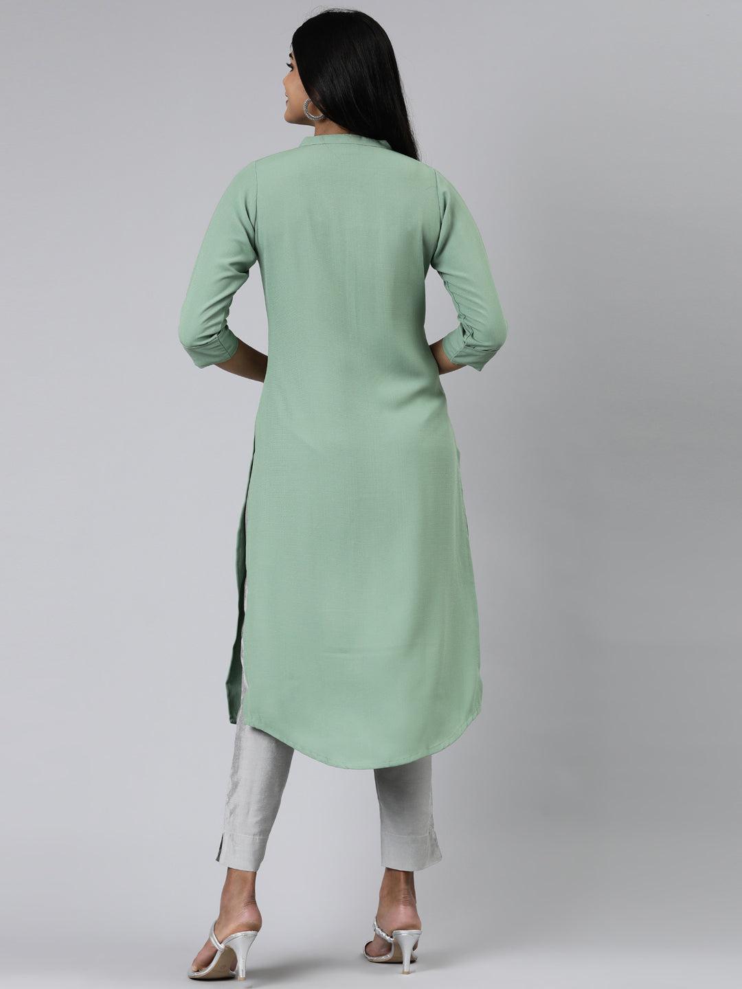 Neerus Green Straight Solid Viscose Rayon Kurtas