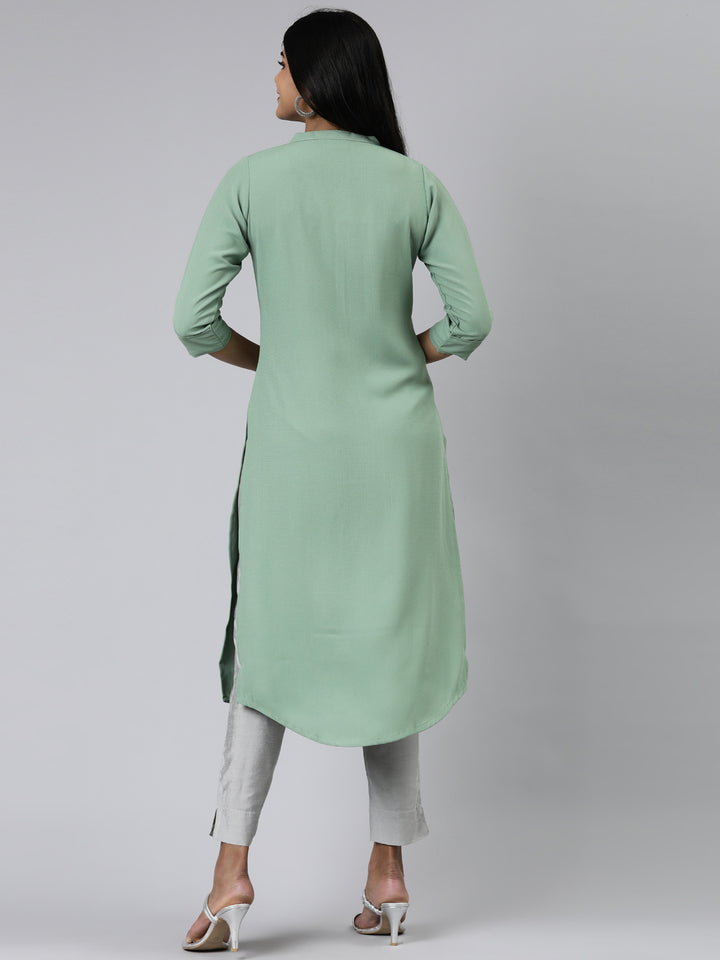 Neerus Green Straight Solid Viscose Rayon Kurtas