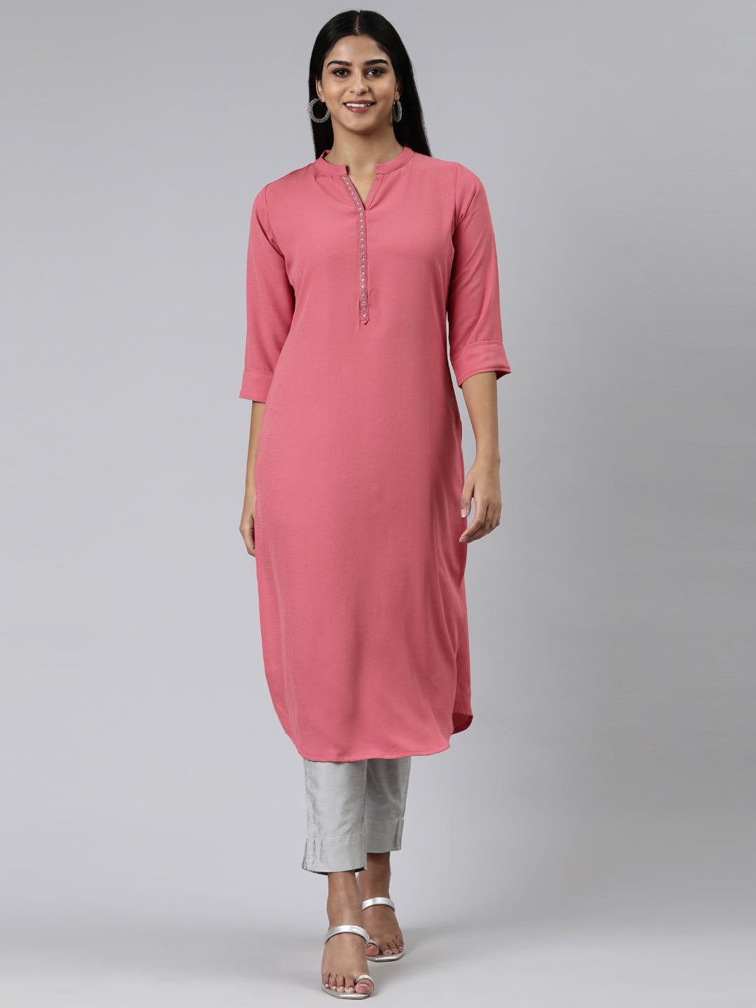 Neerus Pink Straight Solid Viscose Rayon Kurtas